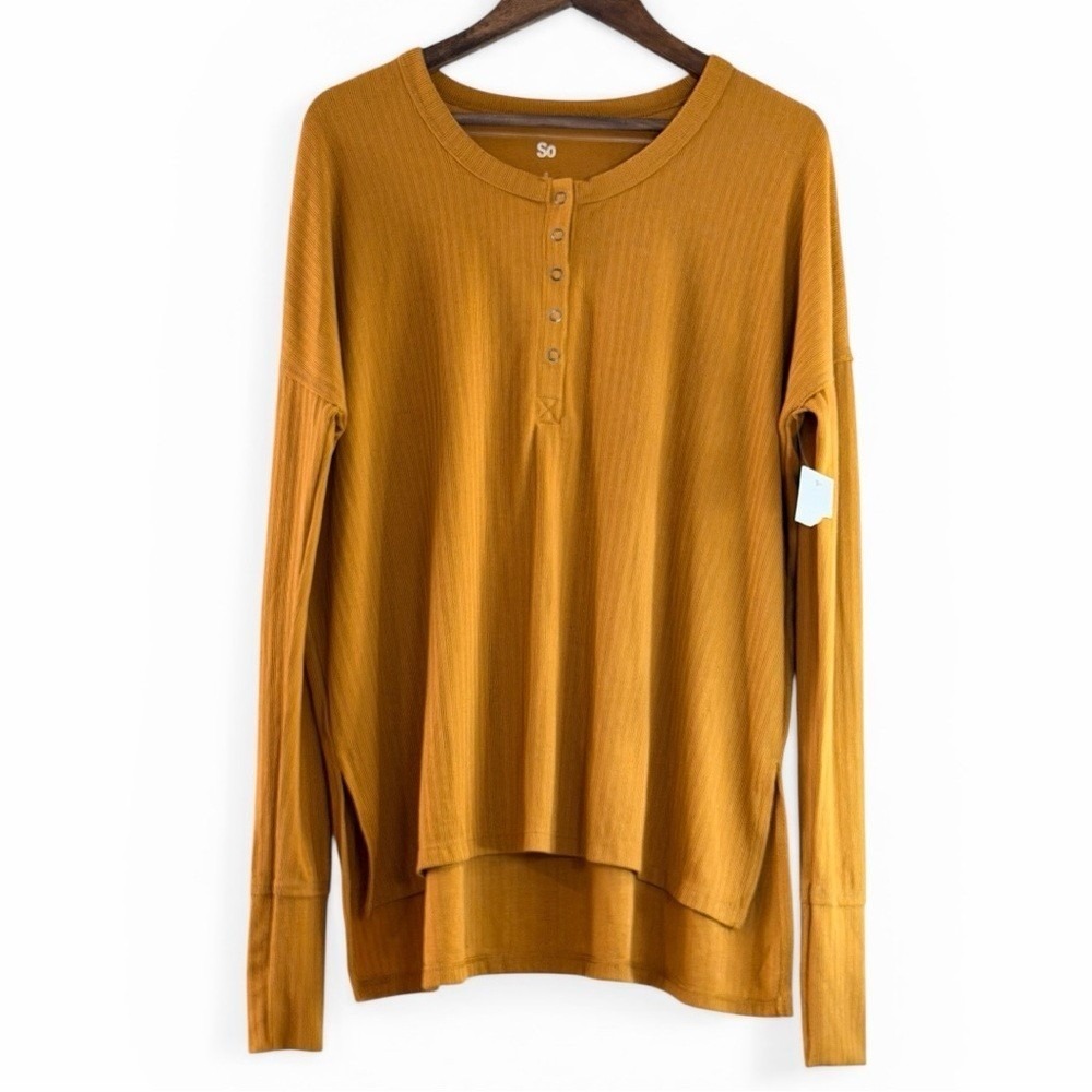 SO Henley Top Womens S Mustard Yellow Ribbed High Low Long Sleeve